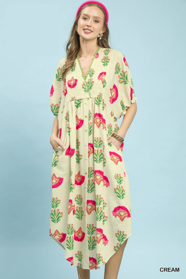 Umgee Abstract Print V-Neck Midi Dress