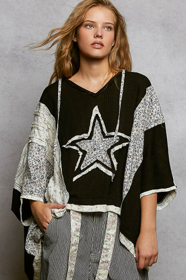 POL Floral Star Patch Hooded Blouse with Lace Contrast Detail