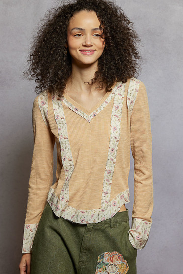 POL Floral Patch V-Neck Long Sleeve Ribbed Top