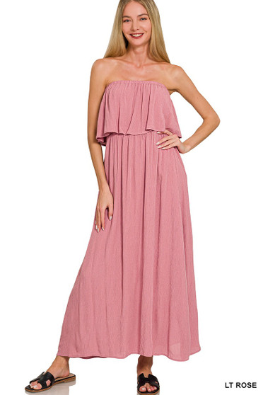 Zenana Woven Crinkle Strapless Maxi Dress