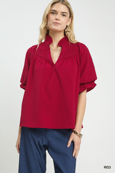 Umgee Textured Smocked Yoke Split-Neck Top