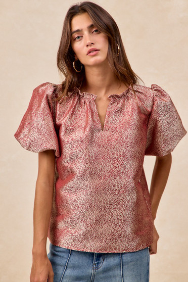 BiBi Jacquard Woven Short Balloon Sleeves V Neck Top
