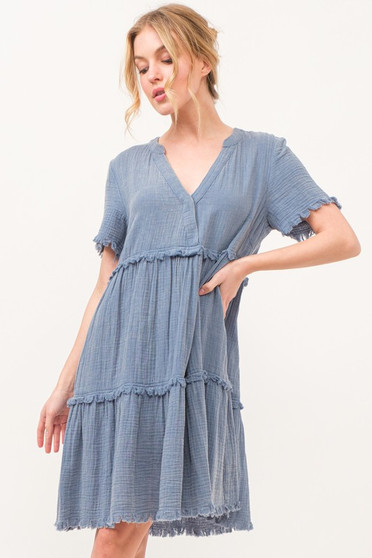 And The Why Washed Frayed Detail Tiered Dress