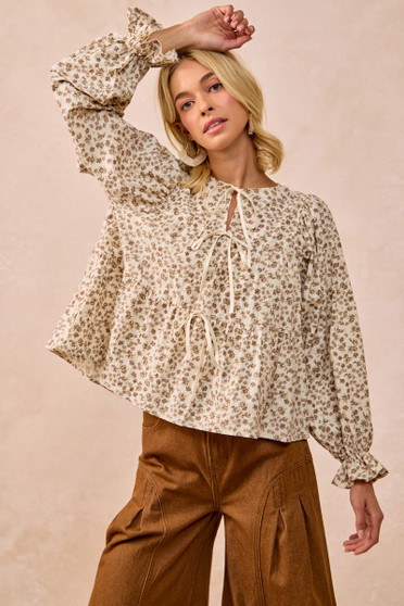 BiBi Floral Printed Peplum Blouse with Shirring and Tied