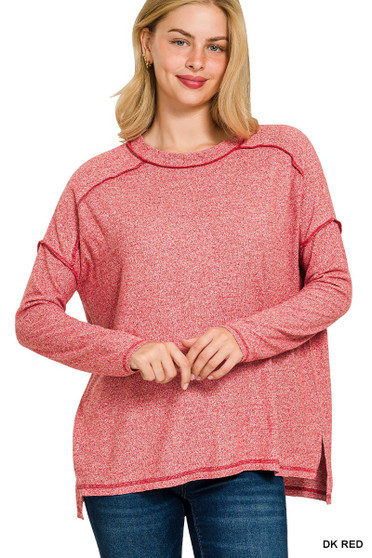 Zenana Full Size Melange Hacci Exposed Seam Hi-low Tee Plus Size