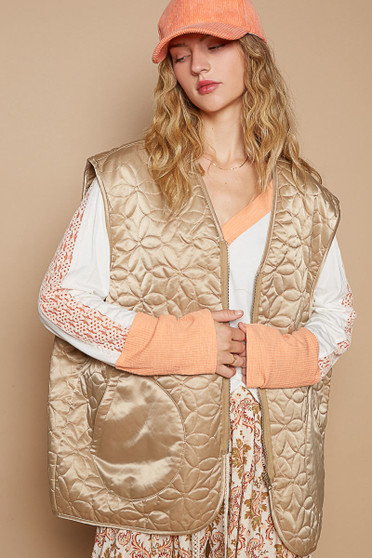 POL Front Zipper Floral Pattern Quilted Vest Coat with Front Pockets