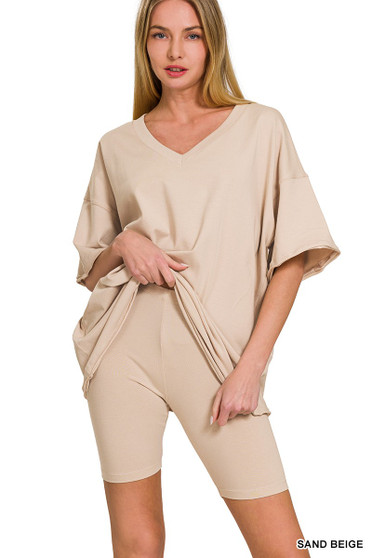 Zenana Cotton V-neck Top & Biker Shorts Set