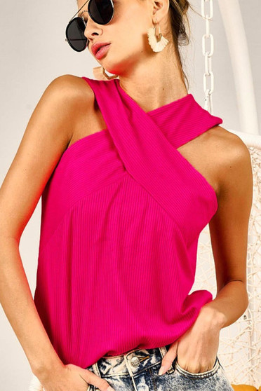 BiBi Rib Knit Cross Neck Banded Top