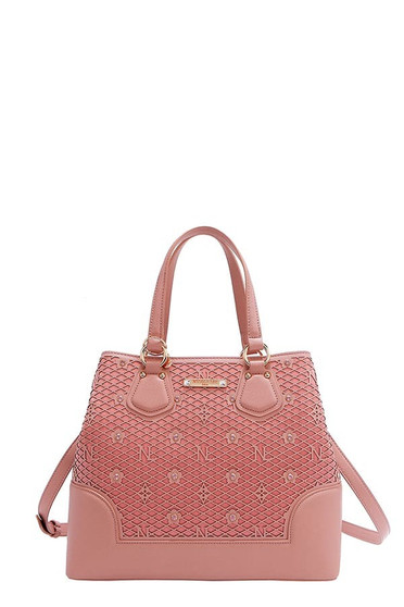 Nicole Lee USA Monogram Pattern Handbag with Rhinestones Decor