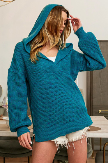 BiBi Raw Edge Detail V-Neck Sweater Hoodie