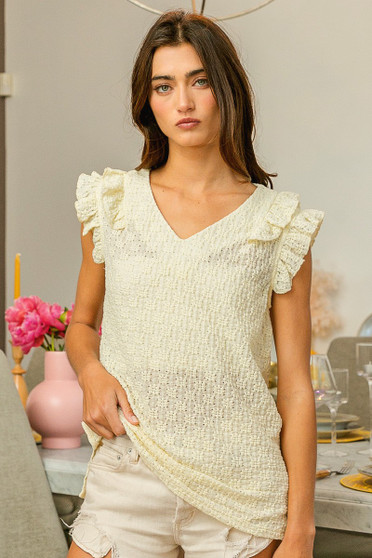 BiBi Floral Ruffled Armhole V-Neck Top