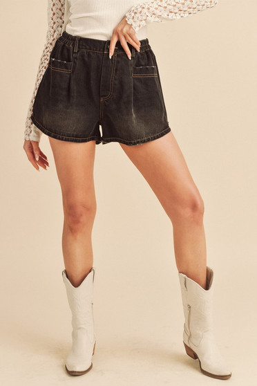 Aemi + Co Frayed Hem Elastic Waist Denim Shorts