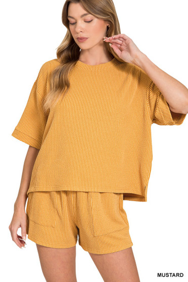 Zenana Raised Rib Short Sleeve Tee and Drawstring Shorts Set
