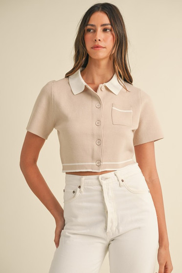 MABLE Button Down Contrast Collared Knit Cardigan