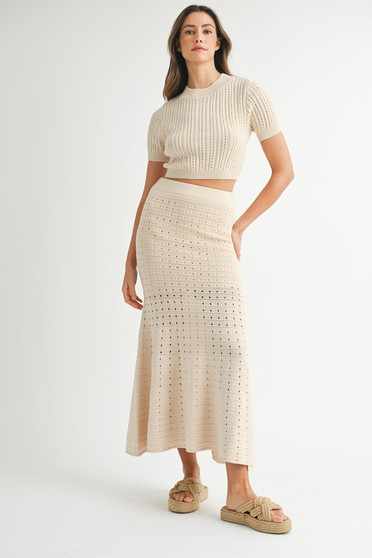 MABLE Pointelle Short Sleeve Crop Top and Slit Skirt Sweater Set