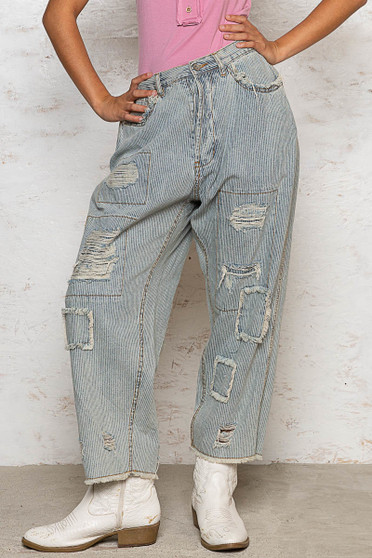 POL Distressed Raw Hem Wide Leg Pants