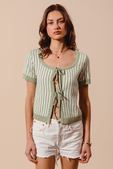 SO ME Tie Front Textured Vertical Stripe Knit Cardigan