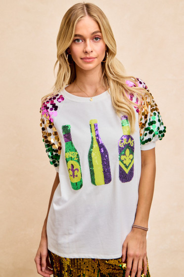 BiBi Sequin Mardi Gras Bottles Spangled Sleeve Top
