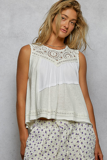 POL Round Neck Sleeveless Top with Crochet Contrast
