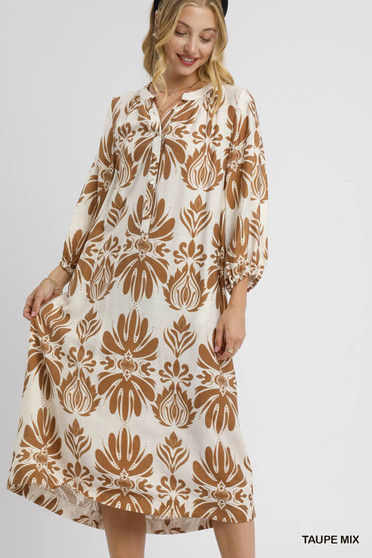 Umgee Mix Abstract Floral Print Midi Dress
