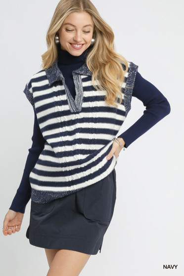 Umgee Cable Knit Collared Striped Vest Sweater
