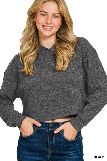 Zenana Drop Shoulder Ribbed Crop Hoodie
