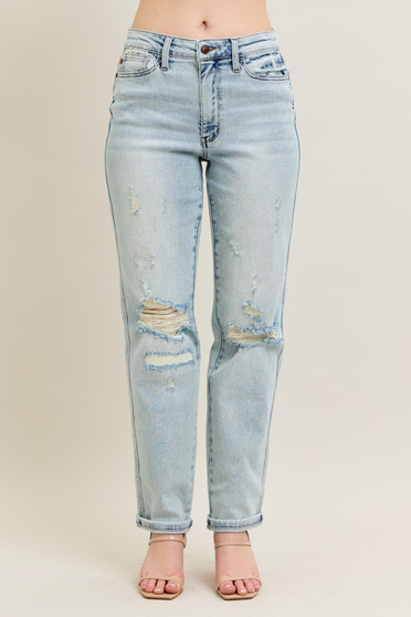 Judy Blue Full Size Mr Repair Stitch Detail Destroy Single Cuff Bf Jeans Plus Size