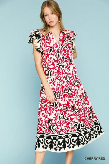Umgee Printed Ruffled Cap Sleeve Midi Dress
