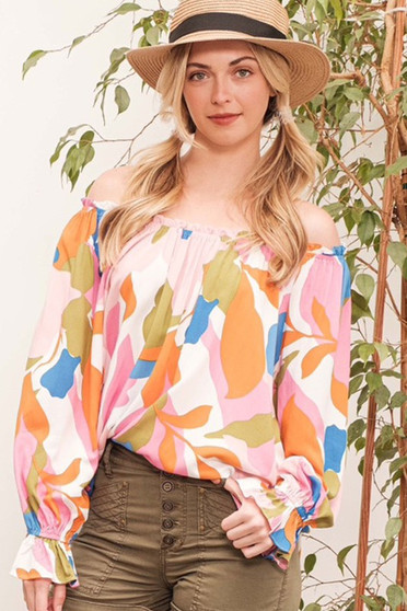 Lime 'N' Chili Abstract Print Off-the-shoulder Long Sleeve Top
