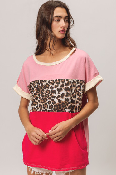 BiBi Leopard Printed Jersey  Color Block Roll Up