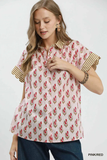 Umgee Block Print Button-Front Shirt with Contrast Stripe Point Collar
