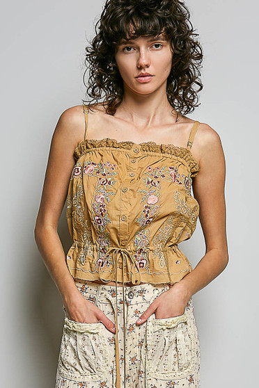 POL Button Down Floral Embroidered Cropped Cami with Lace Detail