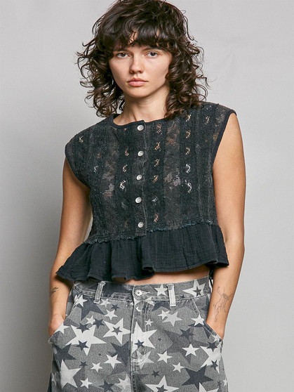 POL Round Neck Lace Sleeveless Top with Double Gauze Ruffle