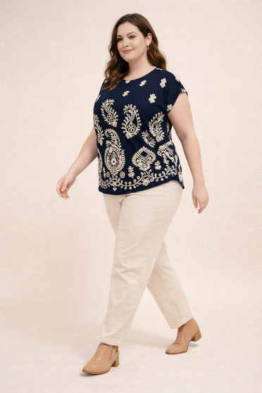 Plus Size Paisley Border Print Button-Shoulder Top