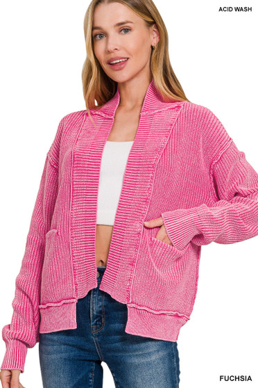 Zenana Washed Dropped Shoulder Cardigan with Side Pockets