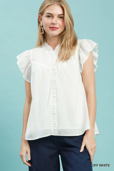 Umgee Smocked Yoke Ruffle Sleeve Blouse