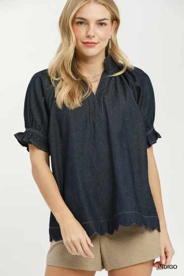 Umgee Chambray Puff Sleeve Scallop Hem Blouse