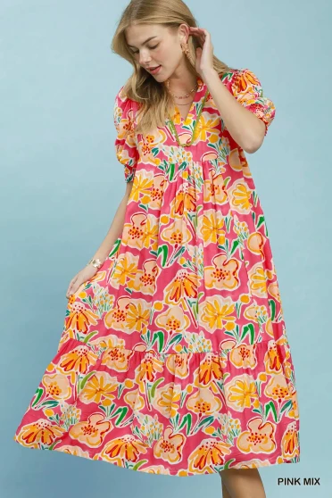 Umgee Floral Print Puff Sleeve Tiered Midi Dress