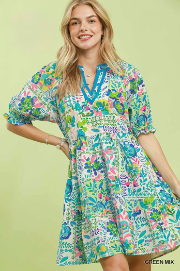 Umgee Mix Botanical Print Puff Sleeve Tiered Dress