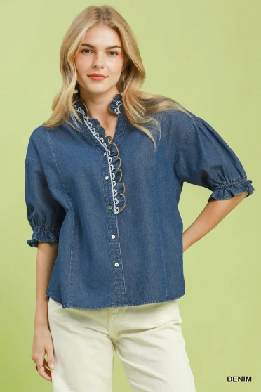 Umgee Chambray Scalloped Trim Button Front Blouse