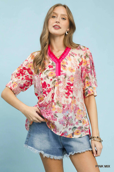 Umgee Floral Contrast Pleat Neck Top