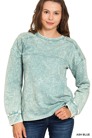 Zenana Acid Wash French Terry Exposed-Seam Pullover