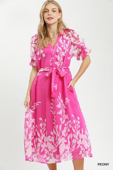 Umgee Floral Print Tie Waist Midi Dress with Side Pockets