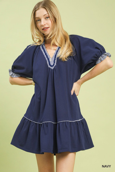 Umgee French Terry Mini Dress with Ruffled Striped Trim