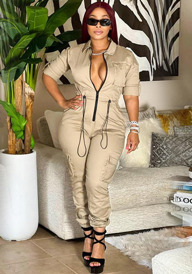 Women Fall Long Sleeve Zip Cargos Jumpsuit