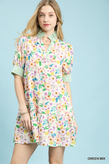 Umgee Mix Floral Ruffle Collar Tiered Babydoll Dress