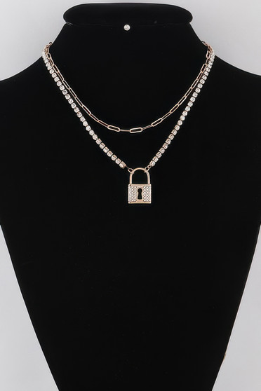 Rhinestone Lined Lock Pendant Necklace 