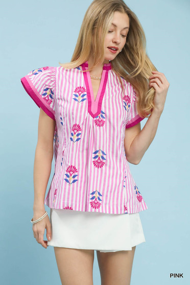 Umgee Embroidered Striped Flutter Sleeve Top
