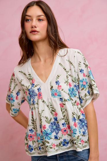 SO ME Floral Embroidered Baby Doll Blouse Top