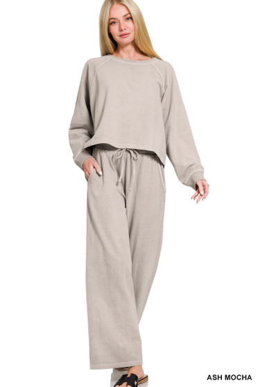 Zenana Washed F/terry Round Neck Pullover & Pants Set